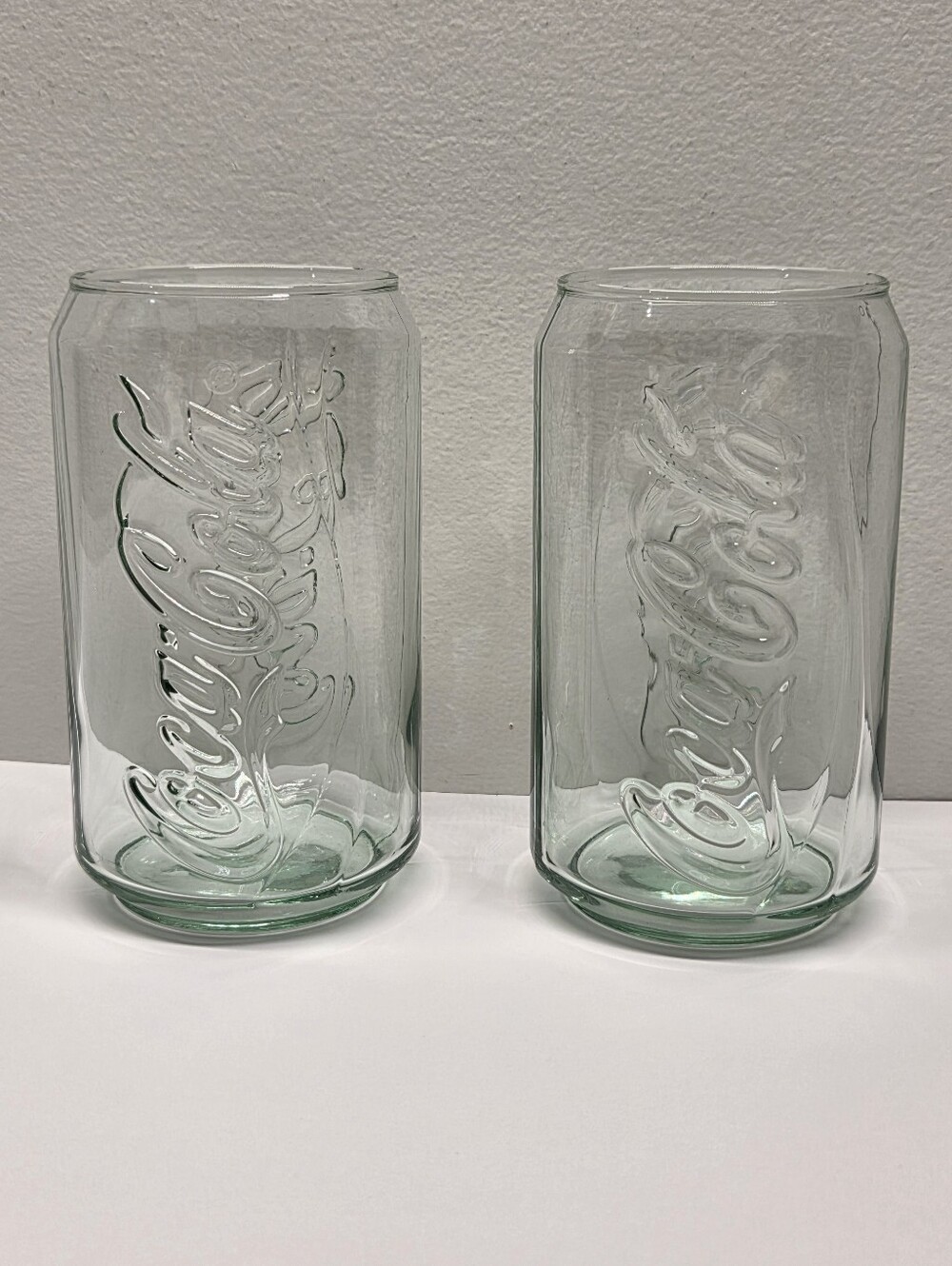 Set of 2 Can-Shaped Coca-Cola Green Drinking Glasses Soda Collectible